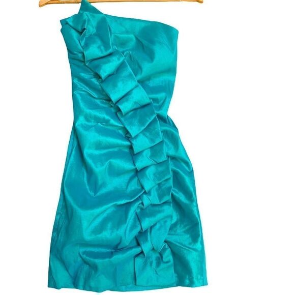 Teeze Me Turquoise Strapless Ruffle Taffeta Mini Dress Size 3 - Picture 1 of 5